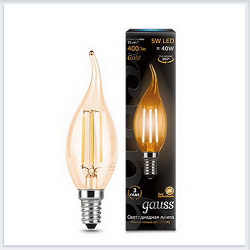 Лампа светодиодная свеча на ветру E14 5W 3000K Golden gauss Филамент 104801005 - купить лампу