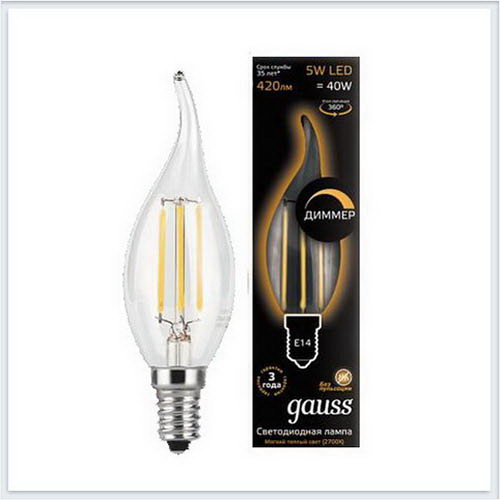 Лампа светодиодная свеча на ветру диммируемая E14 5W 3000K gauss Филамент 104801105-D - купить лампу