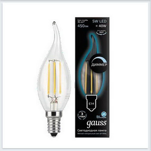 Лампа светодиодная свеча на ветру диммируемая E14 5W 4100K gauss Филамент 104801205-D - купить лампу