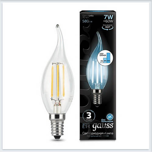 Лампа светодиодная Gauss Филамент Свеча на ветру E14 7W 580lm 4100K step dimmable - купить лампу