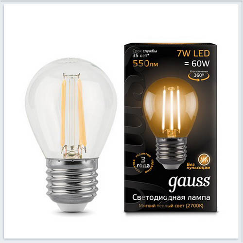Лампа светодиодная шар E27 7W 3000K gauss Филамент 105802107 - купить лампу