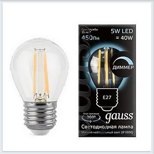 Лампа светодиодная шар диммируемая E27 5W 4100K gauss Филамент 105802205-D - купить лампу
