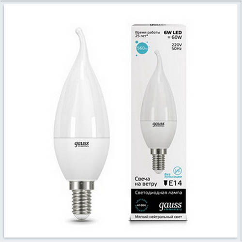 Лампа светодиодная свеча на ветру 6W E14 4100K gauss Elementary 34126 - купить лампу