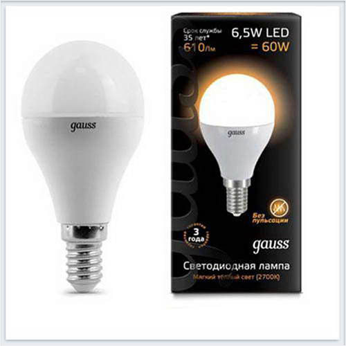 Лампа светодиодная шар E14 6.5W 3000K gauss 105101107 - купить лампу