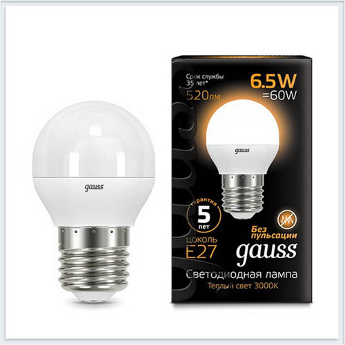 Лампа светодиодная шар E27 6.5W 3000K gauss 105102107 - купить лампу