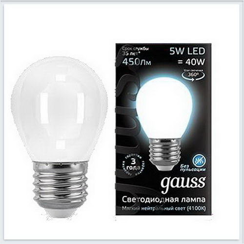 Лампа светодиодная шар матовый E27 5W 4100K gauss Филамент 105202205 - купить лампу