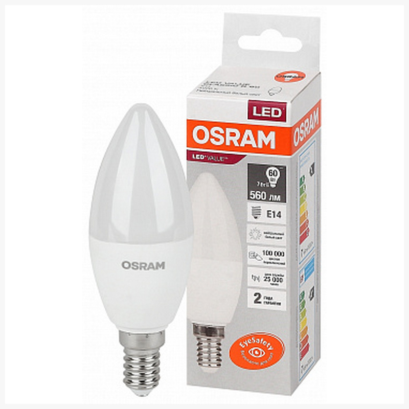 Лампа светодиодная Osram Ledvance, LV CL B60 7SW/840 220 240V FR E14 560lm 200* 25000h свеча LED, 4058075578944светодиодные лампы осрам, купить в интернет магазине, официальный партнер Osram