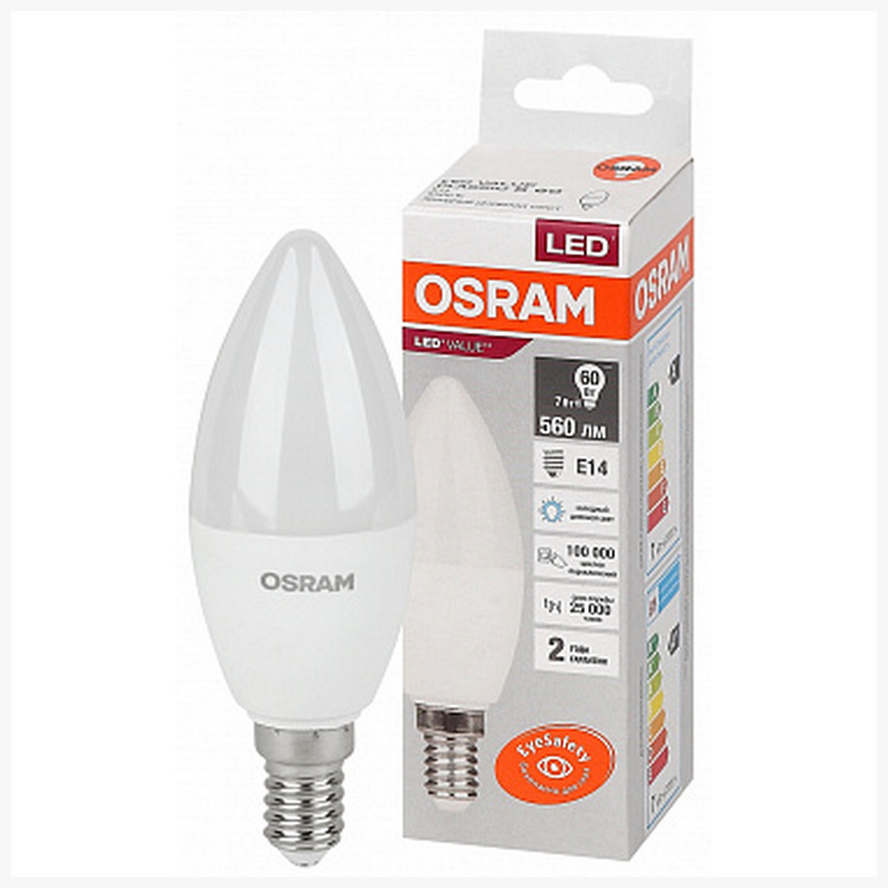 Лампа светодиодная Osram Ledvance, LV CL B60 7SW/865 220 240V FR E14 560lm 200* 25000h свеча LED, 4058075579033светодиодные лампы осрам, купить в интернет магазине, официальный партнер Osram