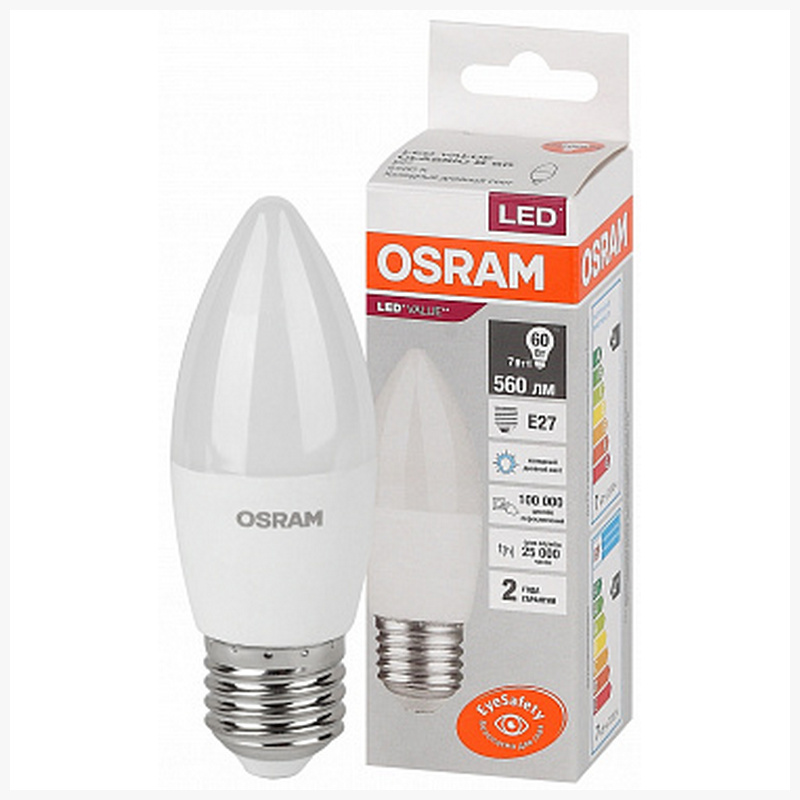 Лампа светодиодная Osram Ledvance, LV CL B60 7SW/865 220 240V FR E27 560lm 200* 25000h свеча LED, 4058075579507светодиодные лампы осрам, купить в интернет магазине, официальный партнер Osram