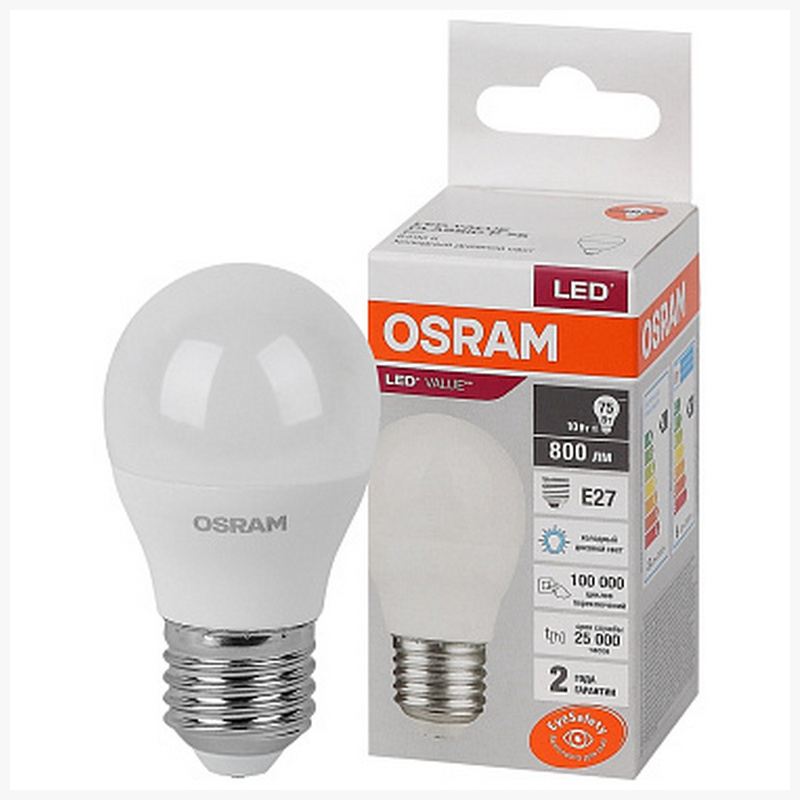 Лампа светодиодная Osram Ledvance, LV CL P75 10SW/865 220 240V FR E27 800lm 180* 25000h шарик LED, 4058075579958светодиодные лампы осрам, купить в интернет магазине, официальный партнер Osram