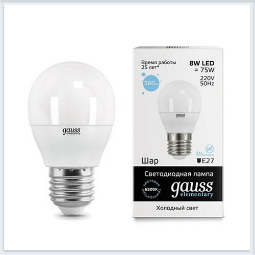 Лампа светодиодная шар 8W E27 6500K gauss Elementary 53238 - купить лампу