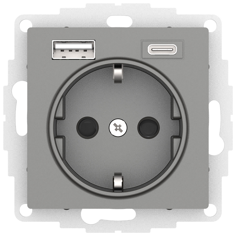 Schneider ElectricAtlasDesign Розетка 16А c 2 USB A+С, 5В/2,4А/3,0А, 2х5В/1,5А, Алюминий ATN000932