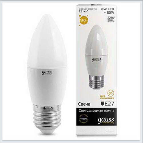 Лампа светодиодная свеча 6W E27 3000K gauss Elementary 33216 - купить лампу