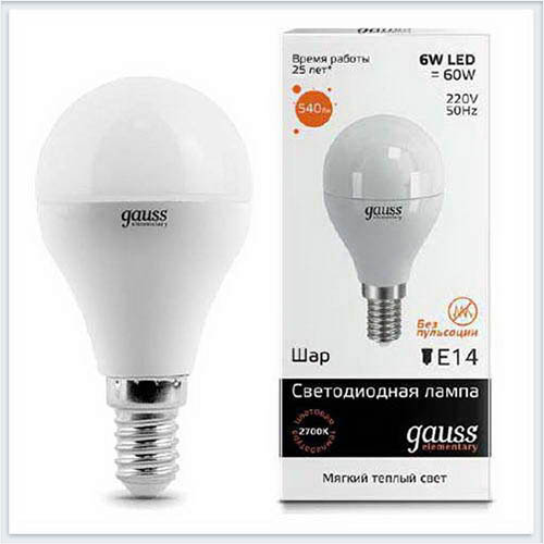 Лампа светодиодная шар 6W E14 3000K gauss Elementary 53116 - купить лампу