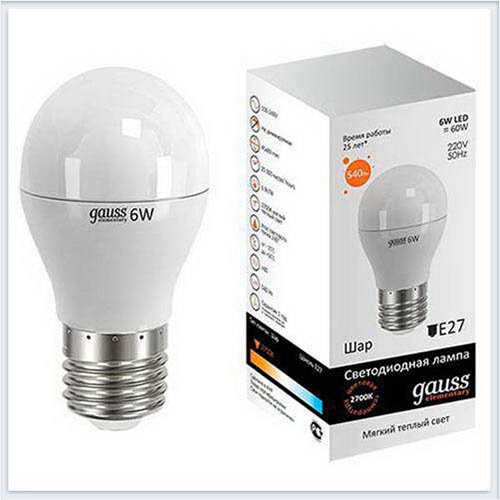 Лампа светодиодная шар 6W E27 3000K gauss Elementary 53216 - купить лампу