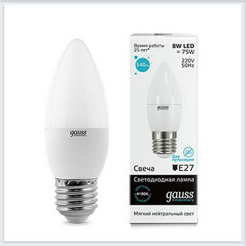 Лампа светодиодная свеча 8W E27 4100K gauss Elementary 33228 - купить лампу