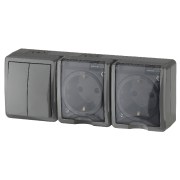 11-7404-03 ЭРА Блок две розетки+выключатель двойной IP54, 16A(10AX)-250В, ОУ, Эра Эксперт, серый, Б0027676