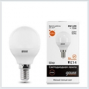 Лампа светодиодная шар 8W E14 3000K gauss Elementary 53118 - купить лампу